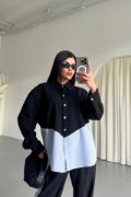 POLYVİSKON - POPLİN PARÇALI GÖMLEK PANTOLON TAKIM - Siyah resmi